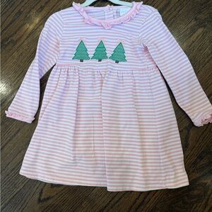 Cecil and Lou Pink & White Striped Dress with Green Christmas Tree Appliques